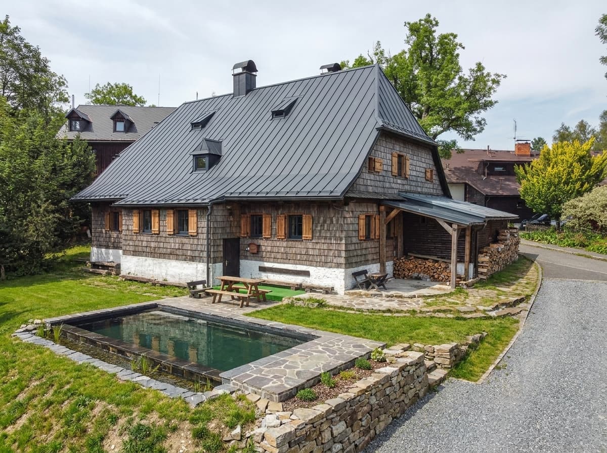 Visualisierung des Blockhauses nach der Sanierung mit Naturpool