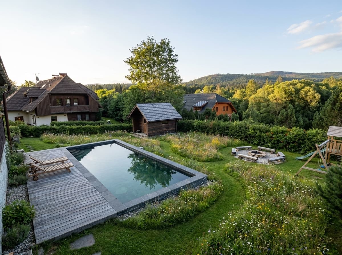 Zahrada, přírodní bazén a sauna — návrh rekonstrukce